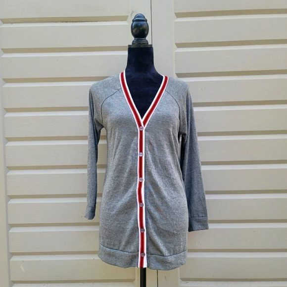 New Women's Bozzolo Gray Red Trim V-Neck Long Sleeve Cardigan Uniform Large L. - Picture 1 of 9